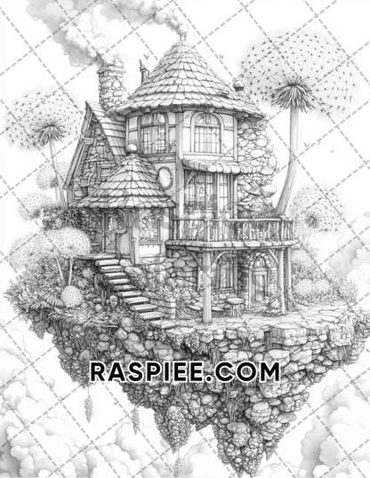 Fantasy Flower Houses Adult Coloring Pages Printable PDF Instant Download