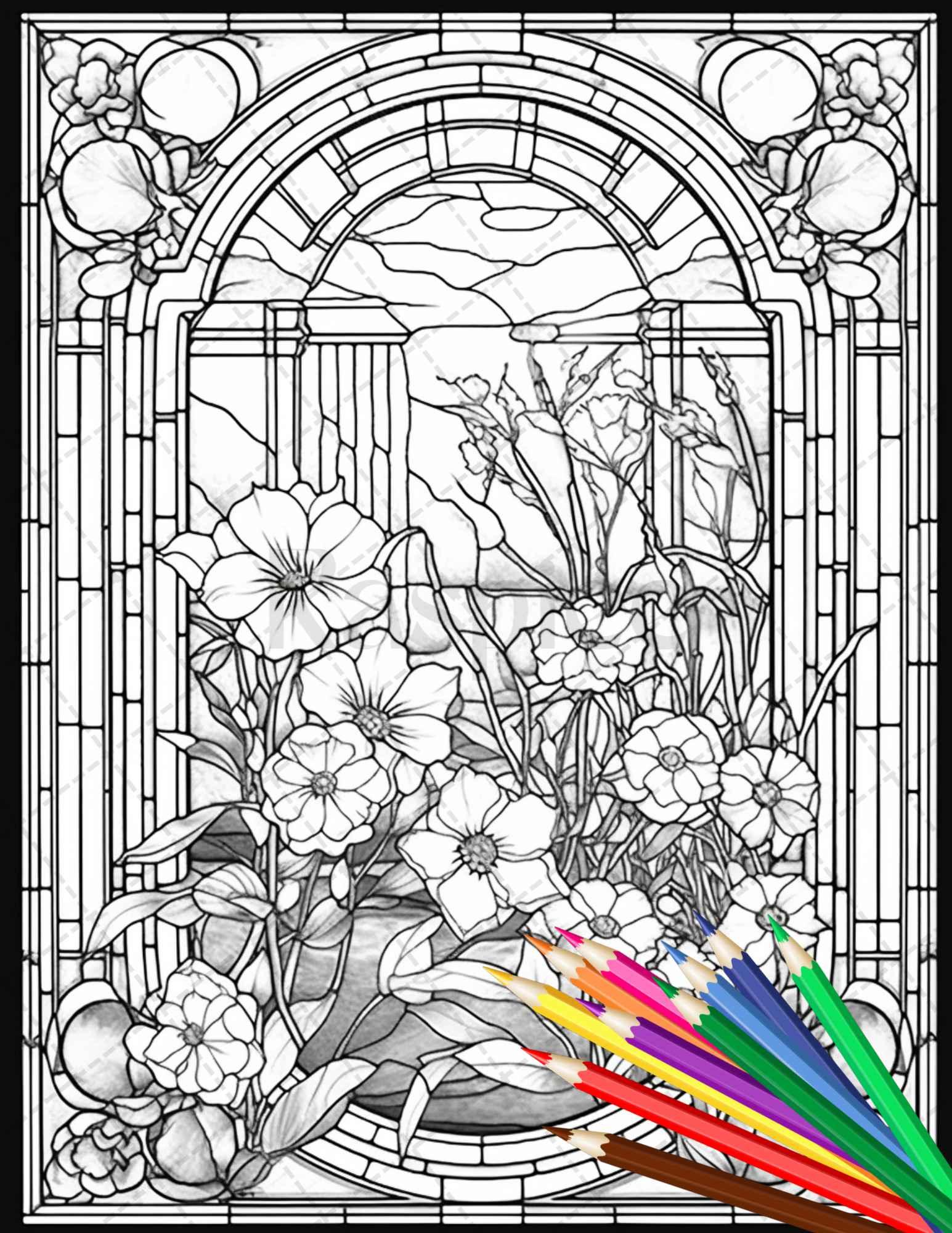 30 Stained Glass Flowers Grayscale Coloring Pages Printable for Adults – RASPIEE 30-stained-glass-flowers-grayscale-coloring-pages-printable-for-adults-raspiee