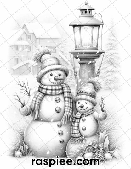 40 Chistmas Snowman Grayscale Coloring Pages for Adults, Printable PDF Instant Download
