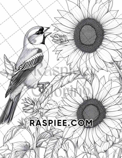 Flowers and Birds Adult Coloring Pages Printable PDF Instant Download - RASPIEE