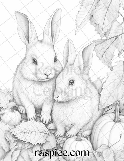 Autumn Animals Grayscale Coloring Pages for Adults and Kids, Printable PDF File Instant Download