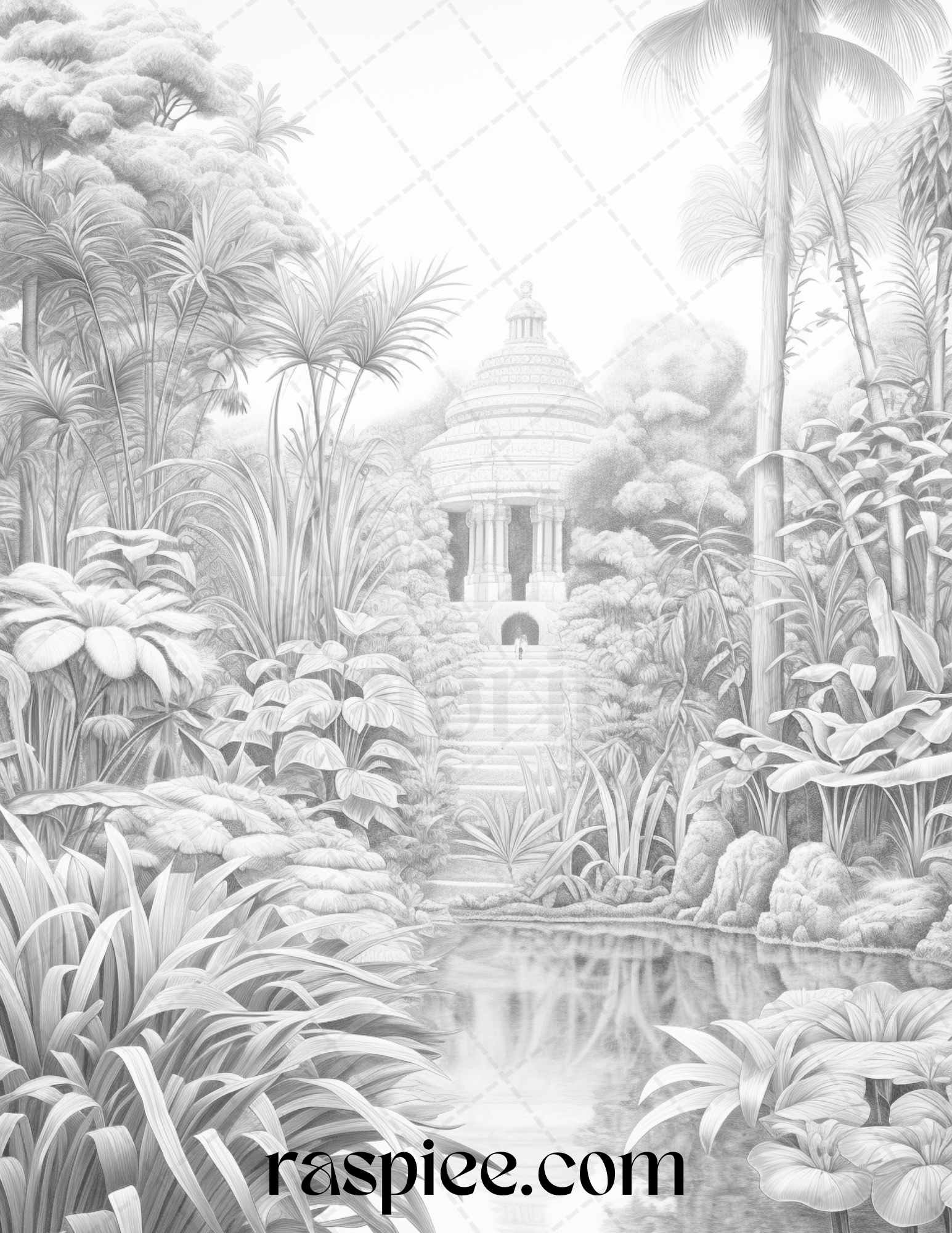 52 Tropical Oasis Grayscale Coloring Pages Printable for Adults, PDF File Instant Download - Raspiee Coloring