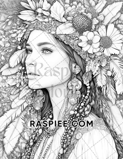 Autumn Beauties Portrait Adult Coloring Pages Printable PDF Instant Download