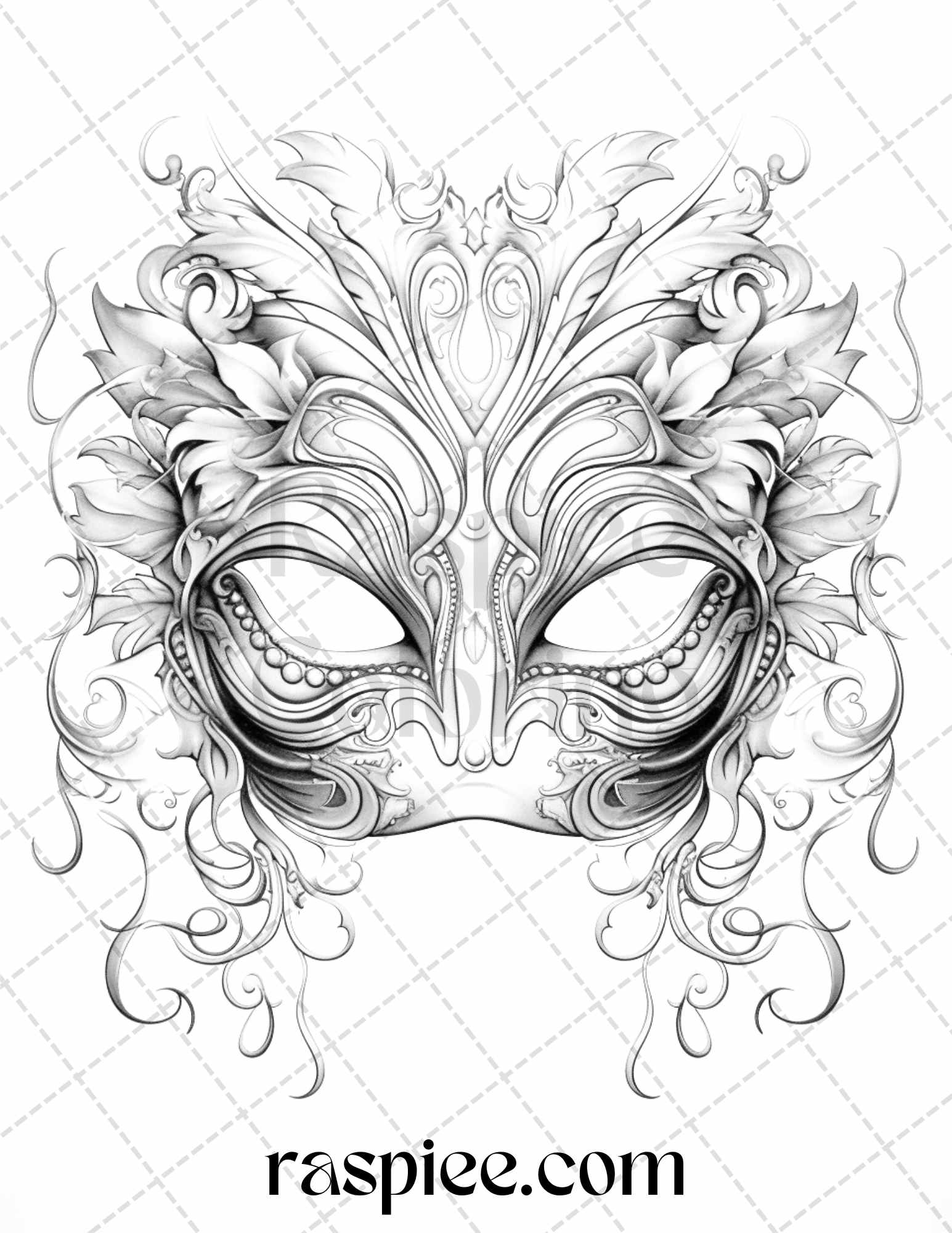 40 Masquerade Masks Grayscale Coloring Pages Printable for Adults, PDF File Instant Download - raspiee