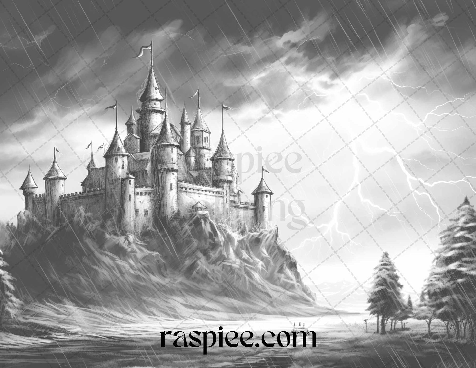 40 Halloween Landscapes Grayscale Coloring Pages Printable for Adults, PDF File Instant Download - Raspiee Coloring