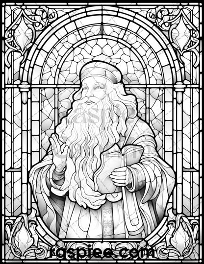 50 Christmas Stained Glass Grayscale Coloring Pages for Adults, Printable PDF File Instant Download