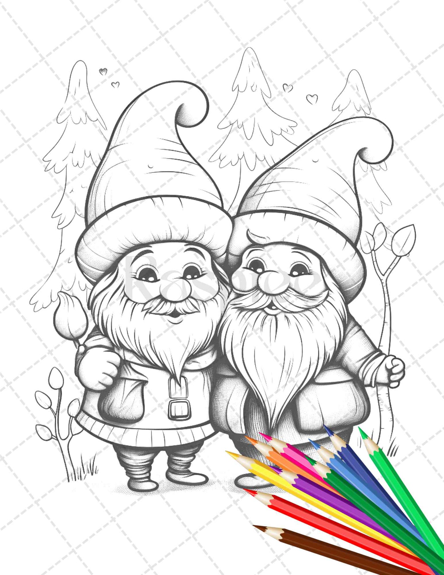 33 Gnome Love Coloring Pages Printable for Adults, Grayscale Coloring Page, PDF File Instant Download - raspiee