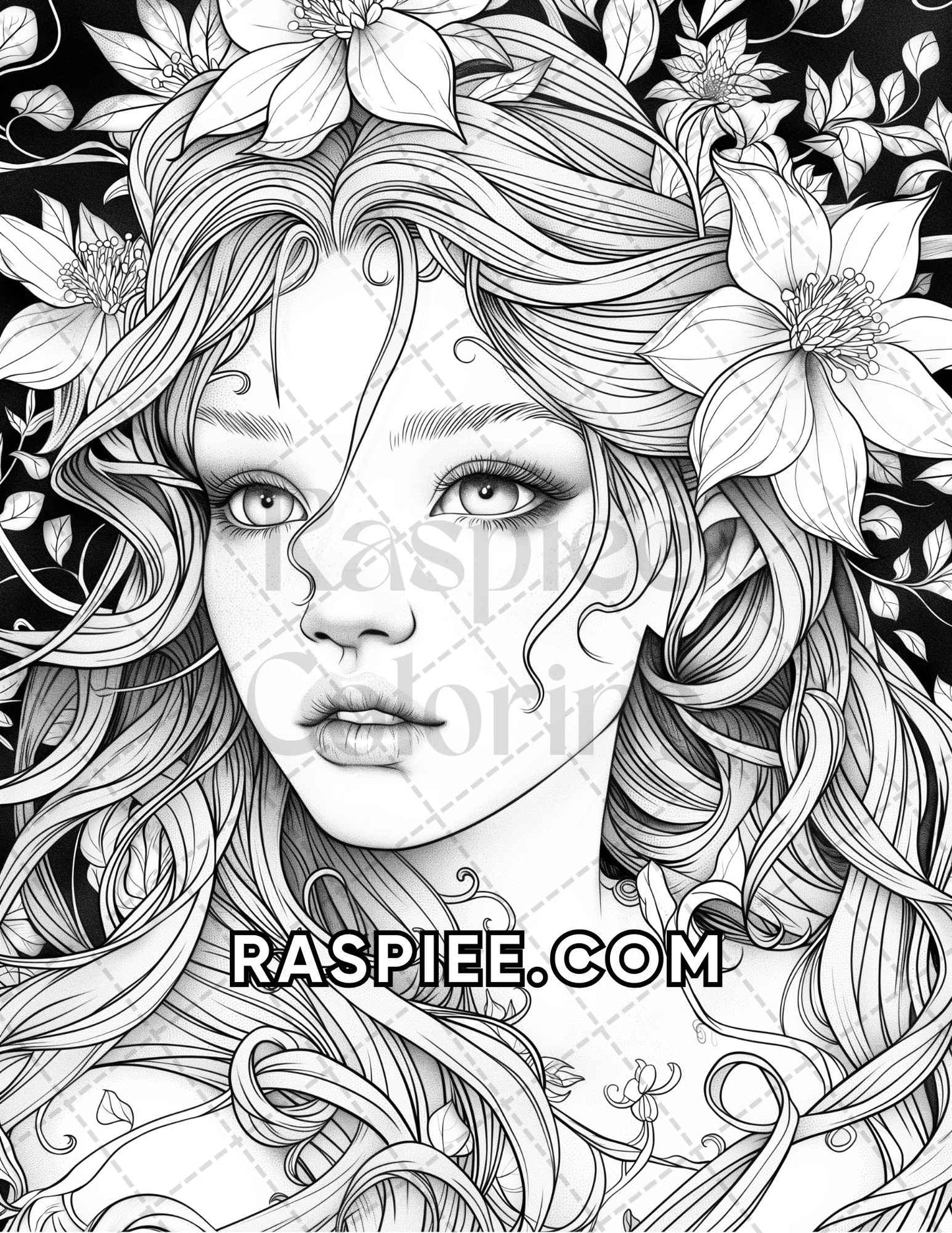 60 Fantasy Beauties Grayscale Adult Coloring Pages Printable PDF Instant Download