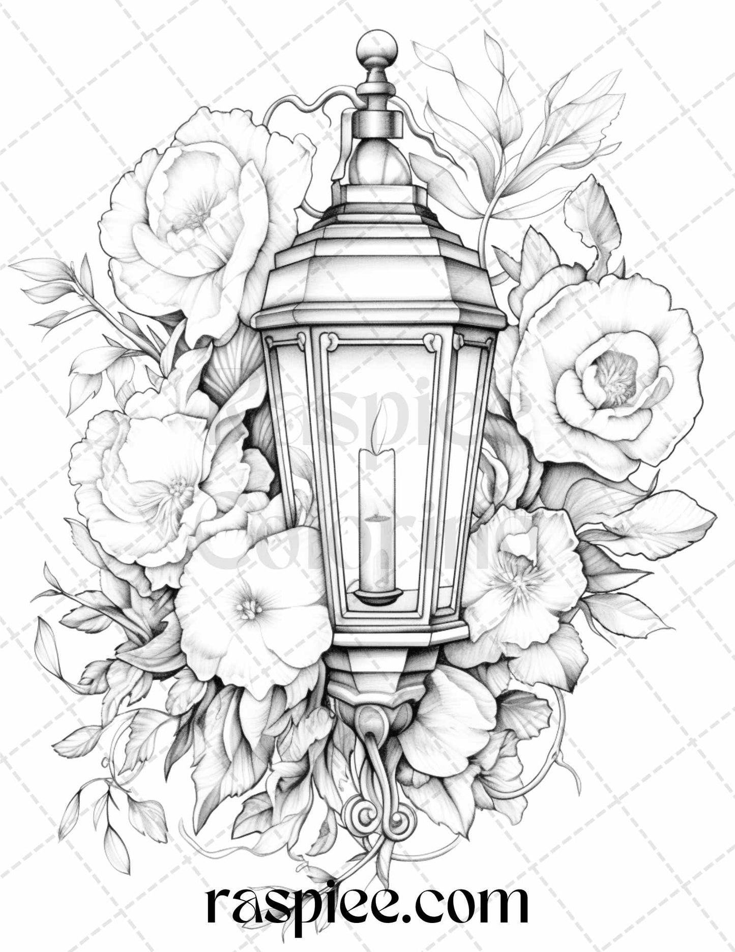 30 Vintage Lantern Flower Grayscale Coloring Pages Printable for Adults, PDF File Instant Download - raspiee