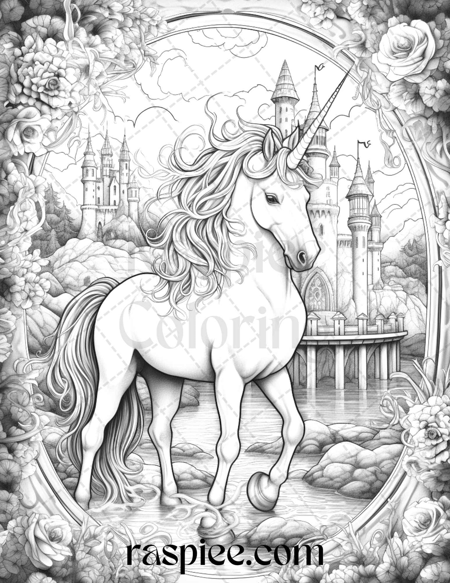 40 Enchanted Unicorns Grayscale Coloring Pages Printable for Adults, PDF File Instant Download - raspiee
