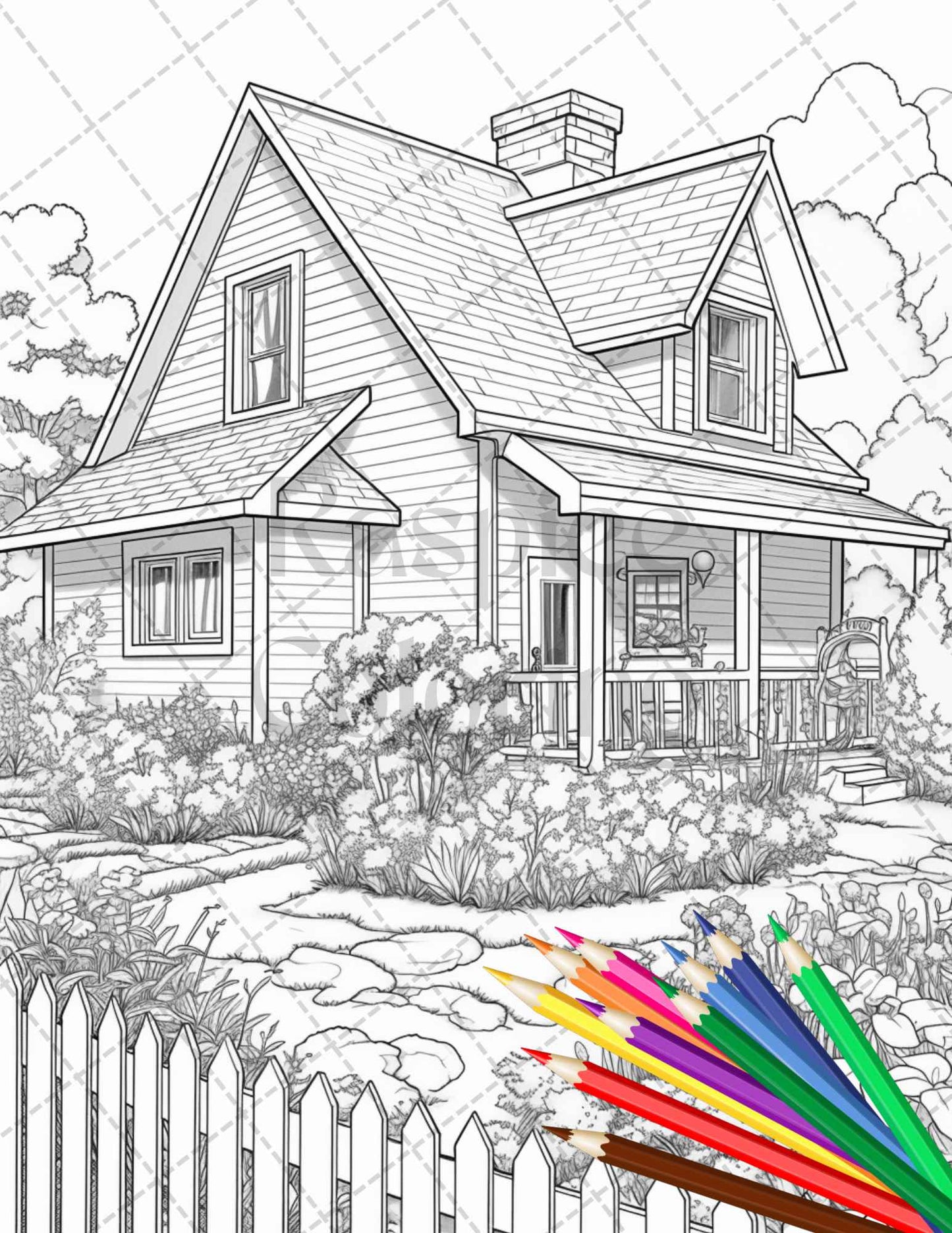 Charming Farmhouse Scenery Grayscale Coloring Pages Printable for Adults, PDF File Instant Download - raspiee