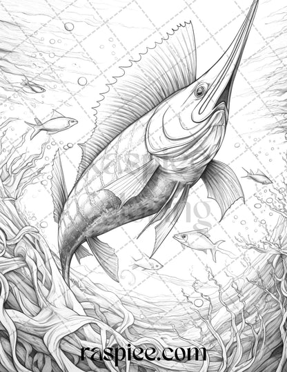 Ocean Life Grayscale Coloring Pages Printable for Adults Relaxation and Creativity, PDF File Instant Download - raspiee