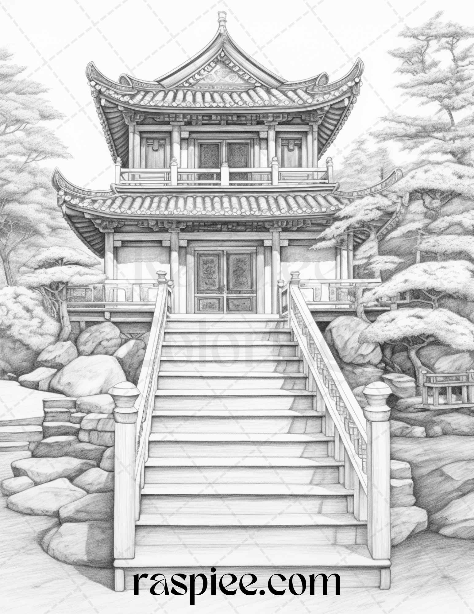40 Traditional Chinese Houses Grayscale Coloring Pages Printable for Adults, PDF File Instant Download - Raspiee Coloring