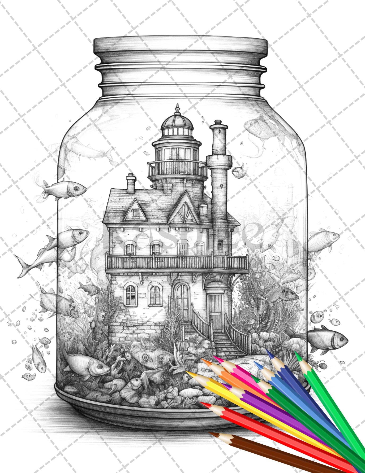34 Fishtank Houses Coloring Book for Adults, Grayscale Coloring Page, Printable PDF Instant Download - raspiee