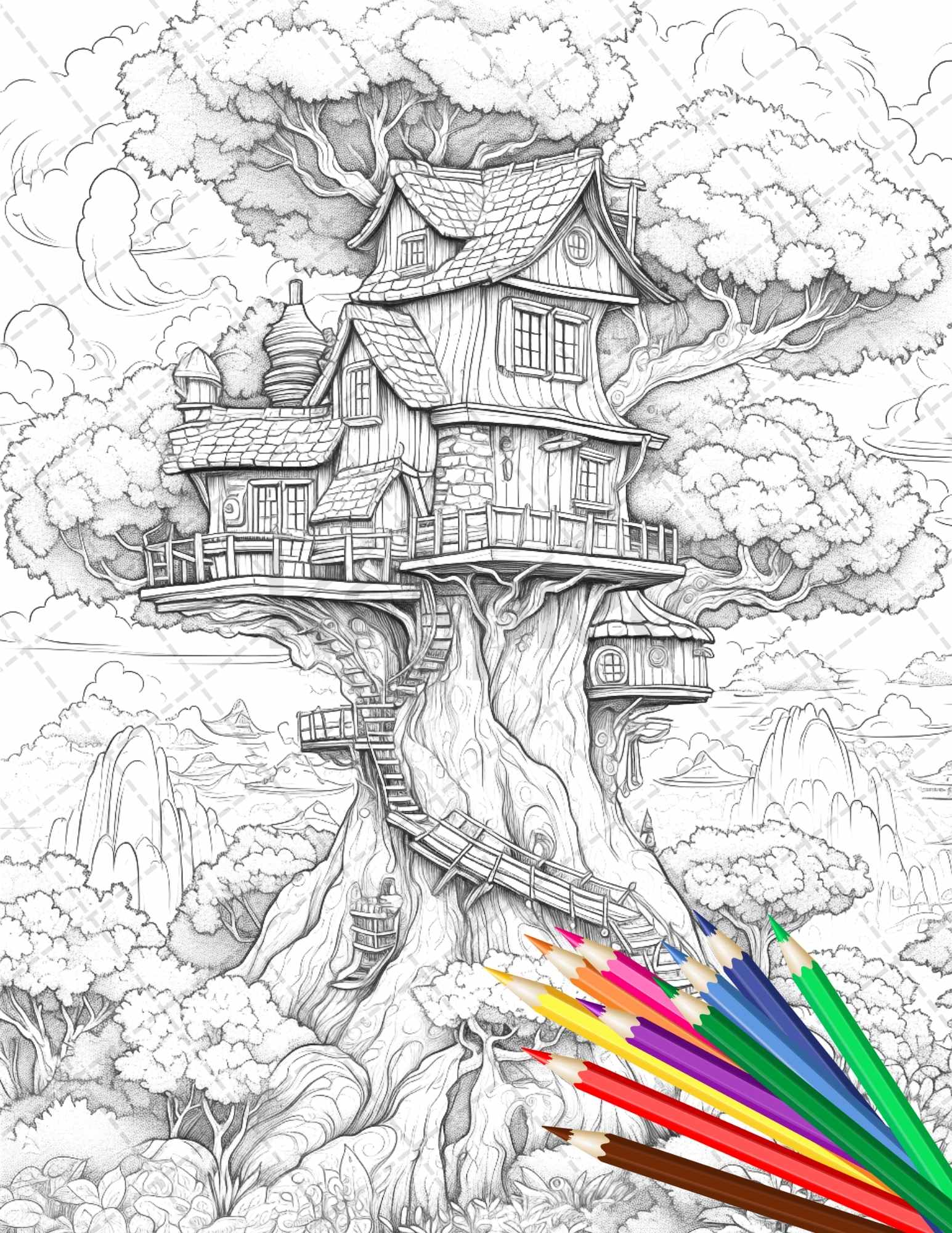110 Enchanted Treehouse Coloring Book Printable for Adults, Grayscale