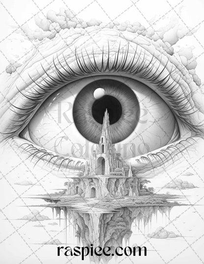 40 Surrealism Eyes Grayscale Coloring Pages Printable for Adults, PDF File Instant Download