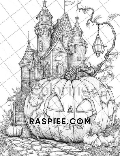 Fantasy Giant Pumpkin Castles Adult Coloring Pages Printable PDF Instant Download - RASPIEE