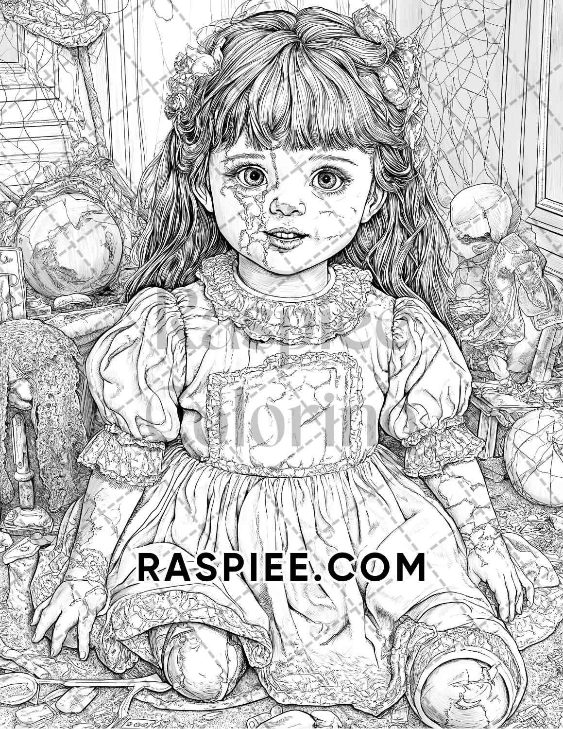 Haunted Dolls Halloween Horror Adult Coloring Pages Printable PDF Instant Download - RASPIEE