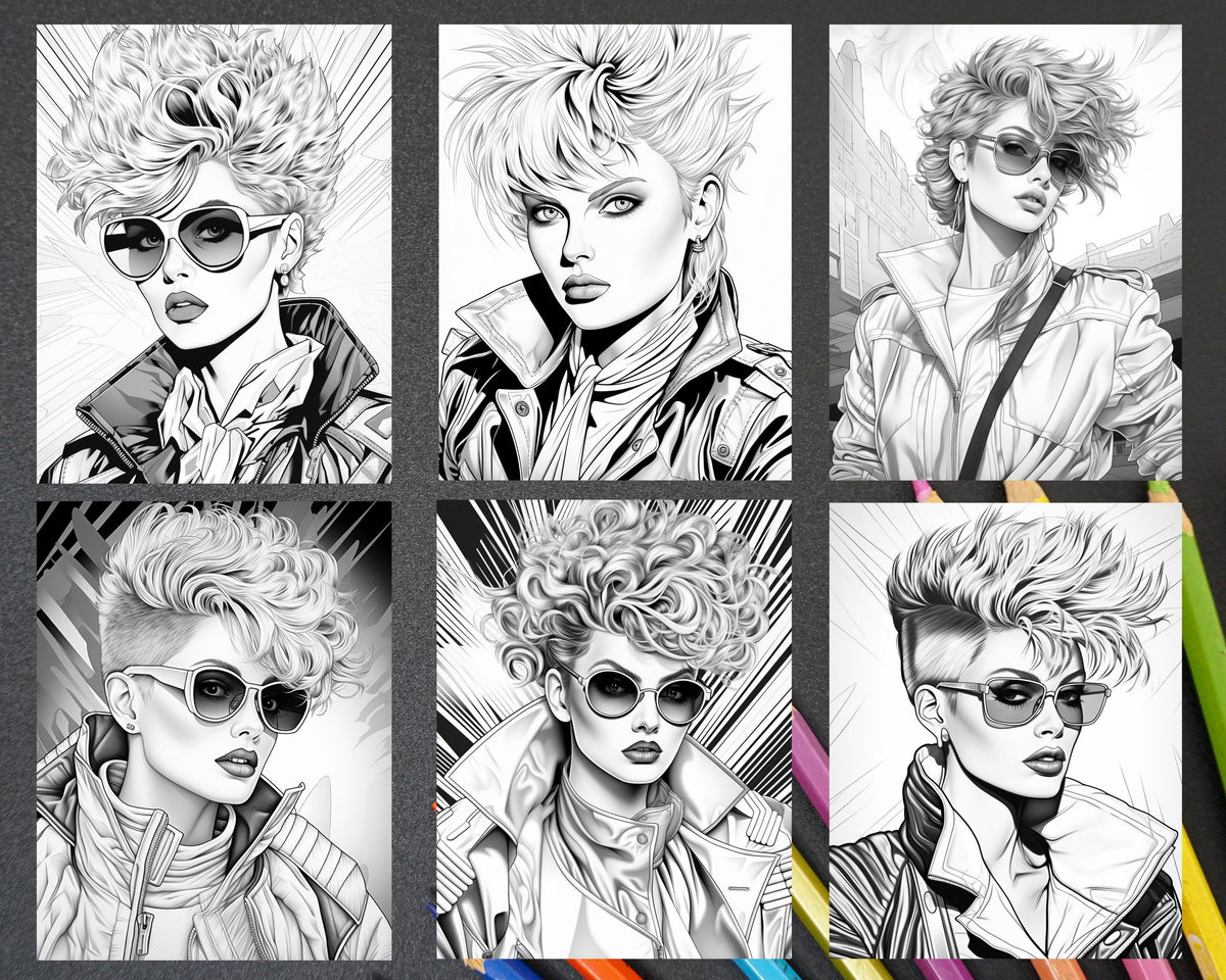1980s New Wave Pop Star Grayscale Coloring Pages Printable for Adults,