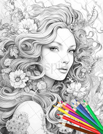 38 Flower Goddess Coloring Pages Printable For Adults, Grayscale Color 