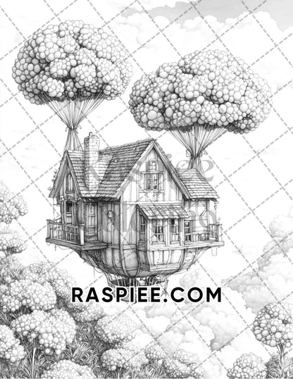 Fantasy Flower Houses Adult Coloring Pages Printable PDF Instant Download