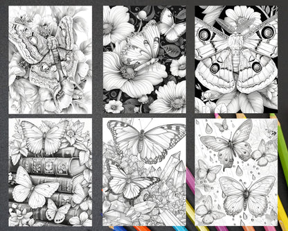 77 Butterflies and Moths Grayscale Adult Coloring Pages, Printable PDF Instant Download - RASPIEE