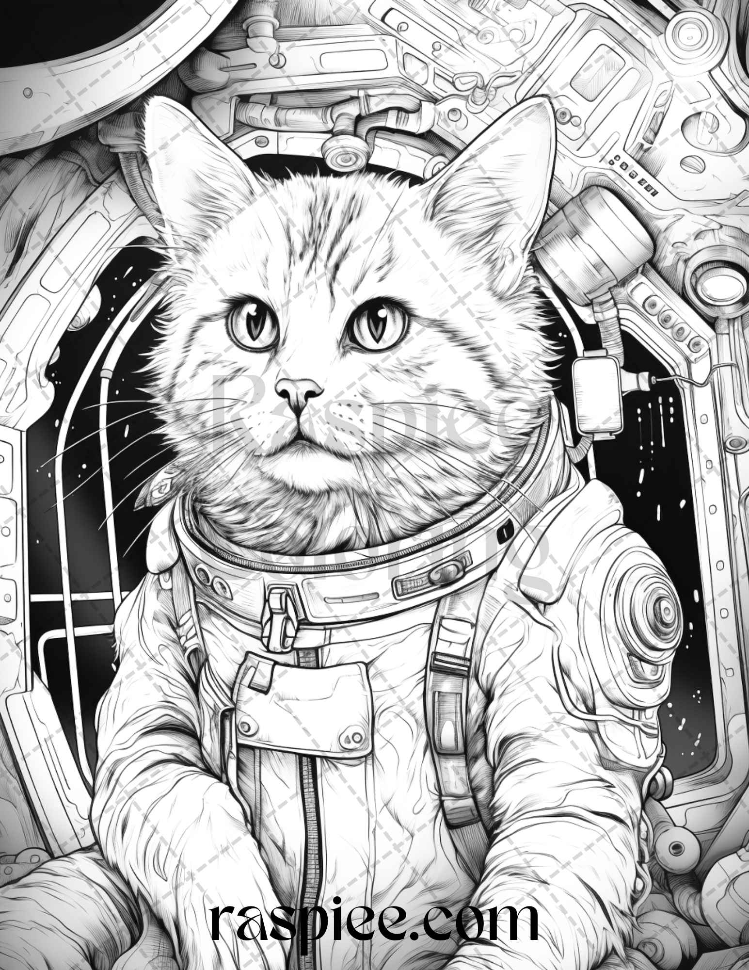 cat astronaut grayscale coloring pages, printable coloring pages for adults and kids, space adventure coloring book