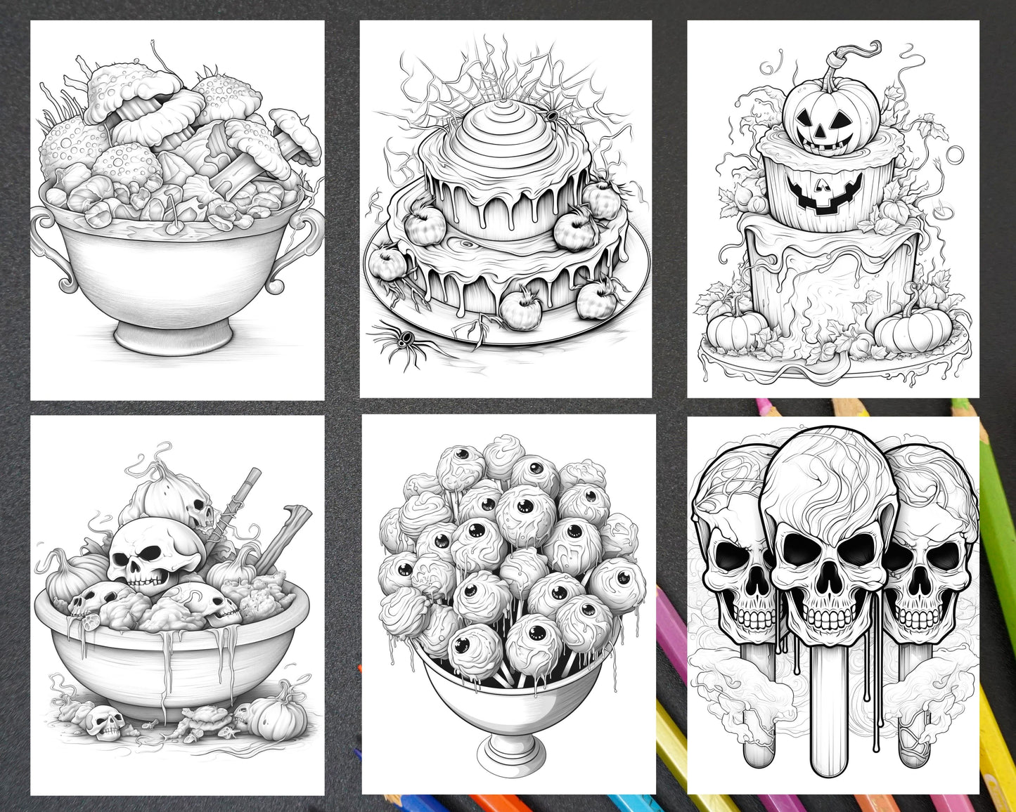 Halloween Spooky Desserts Grayscale Coloring Pages, Printable Adult Coloring Sheets, Ghostly Coloring Patterns, Relaxing Stress Relief Coloring Book, Spooky Desserts Creative Coloring