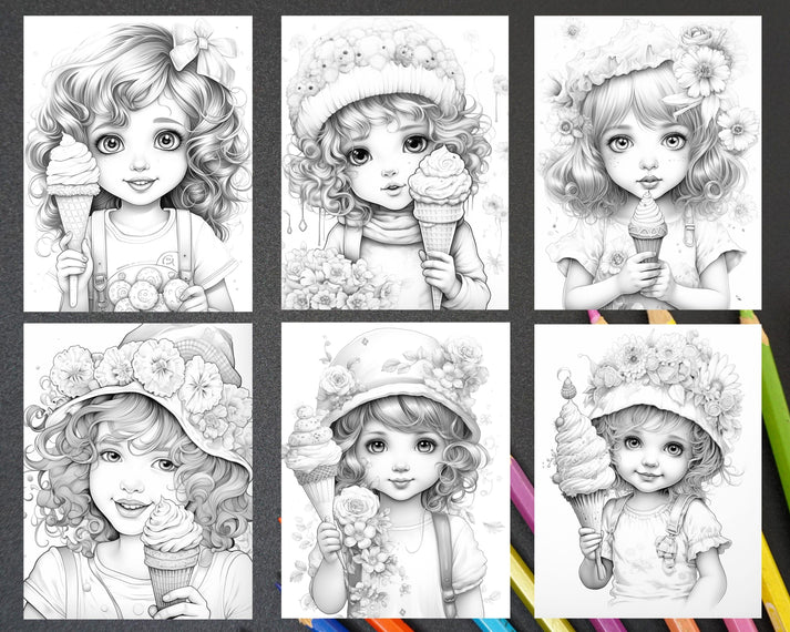 42 Adorable Girls with Ice Cream Grayscale Coloring Pages Printable fo