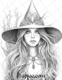 40 Beautiful Witches Grayscale Coloring Pages Printable for Adults, PD ...