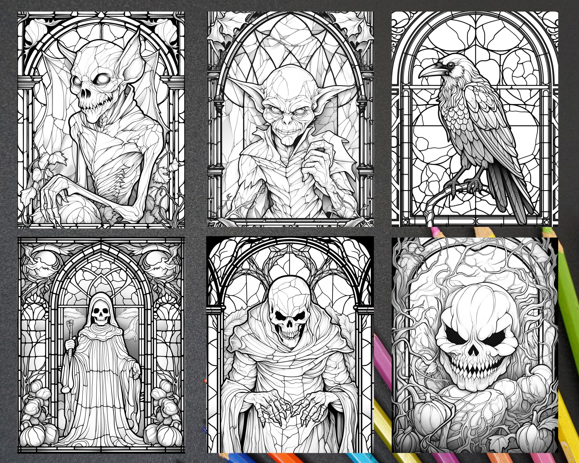 Halloween Stained Glass Coloring Pages, Grayscale Coloring Sheets for Adults, Printable Halloween Art, Adult Coloring Book Pages, Halloween DIY Decor, Witch and Pumpkin Coloring Pages, Ghost and Bat Coloring, October Coloring Pages, Halloween Coloring Pages for Adults, Halloween Grayscale Coloring, Spooky Coloring Pages