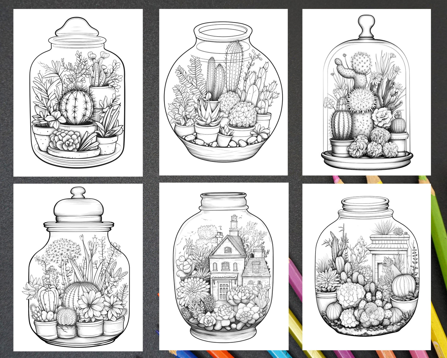 Enchanted Terrarium Coloring Pages for Adults, Printable Art for Stress Relief, Nature Designs for Coloring, Relaxing Adult Coloring Book