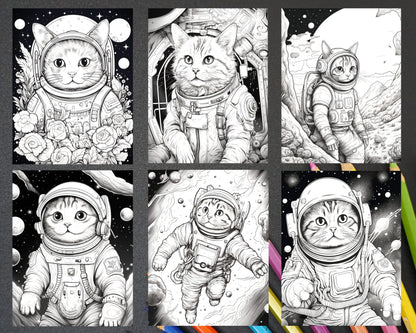 cat astronaut grayscale coloring pages, printable coloring pages for adults and kids, space adventure coloring book