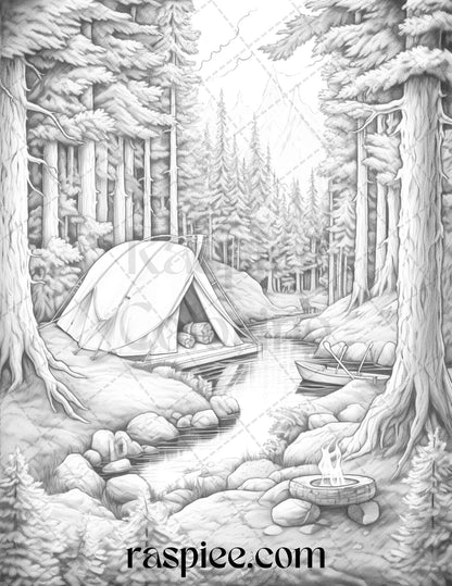 Nature Camping Grayscale Coloring Page, Adult Printable Coloring Sheet, Outdoor Scene Coloring Art