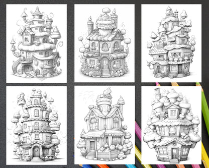 grayscale coloring pages, cake houses coloring, printable coloring pages, adult and kids coloring, cake illustrations