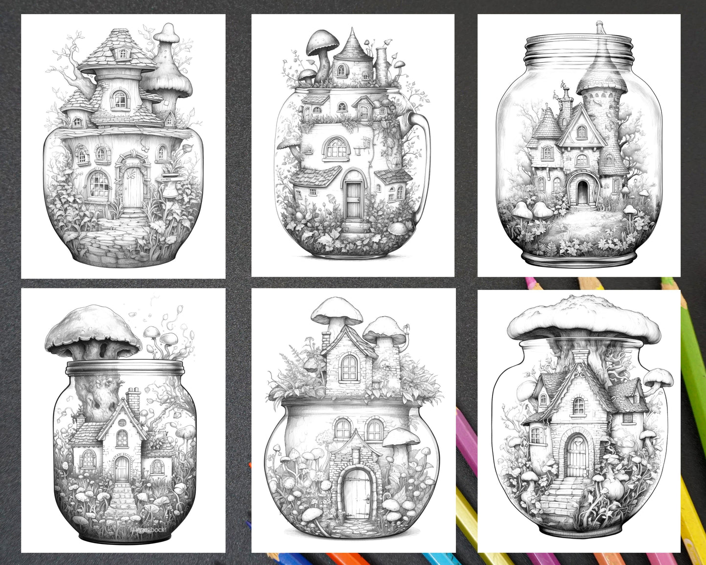 Fairy House in Jar Grayscale Coloring Pages Printable, Adult Coloring Activity, Black and White Coloring Sheets, Intricate Line Art, Fairy Garden Illustrations