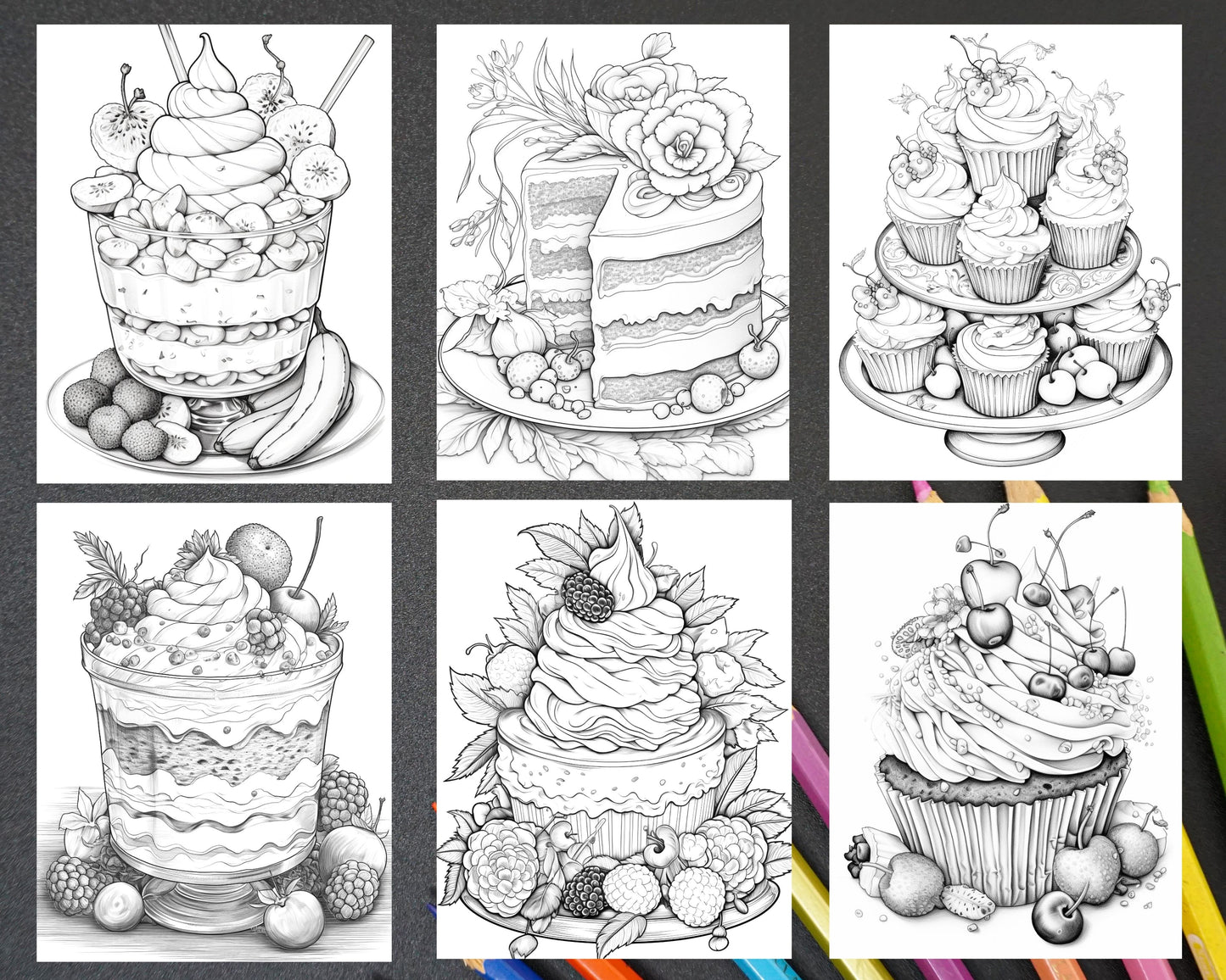 sweet dessert coloring pages, printable adult coloring book, relaxing coloring pages, instant digital download, cake coloring pages, cupcake coloring pages