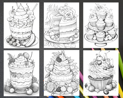 sweet dessert coloring pages, printable adult coloring book, relaxing coloring pages, instant digital download, cake coloring pages, cupcake coloring pages