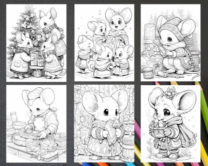 Christmas Mice Coloring Page, Adult Grayscale Printable, Stress-Relief Coloring, Animal Coloring Pages, Mouse Coloring Pages, Seasonal Coloring Sheets, Xmas Coloring Pages, Christmas Coloring Pages, Holiday Coloring Pages, Winter Coloring Pages, Fantasy Coloring Pages