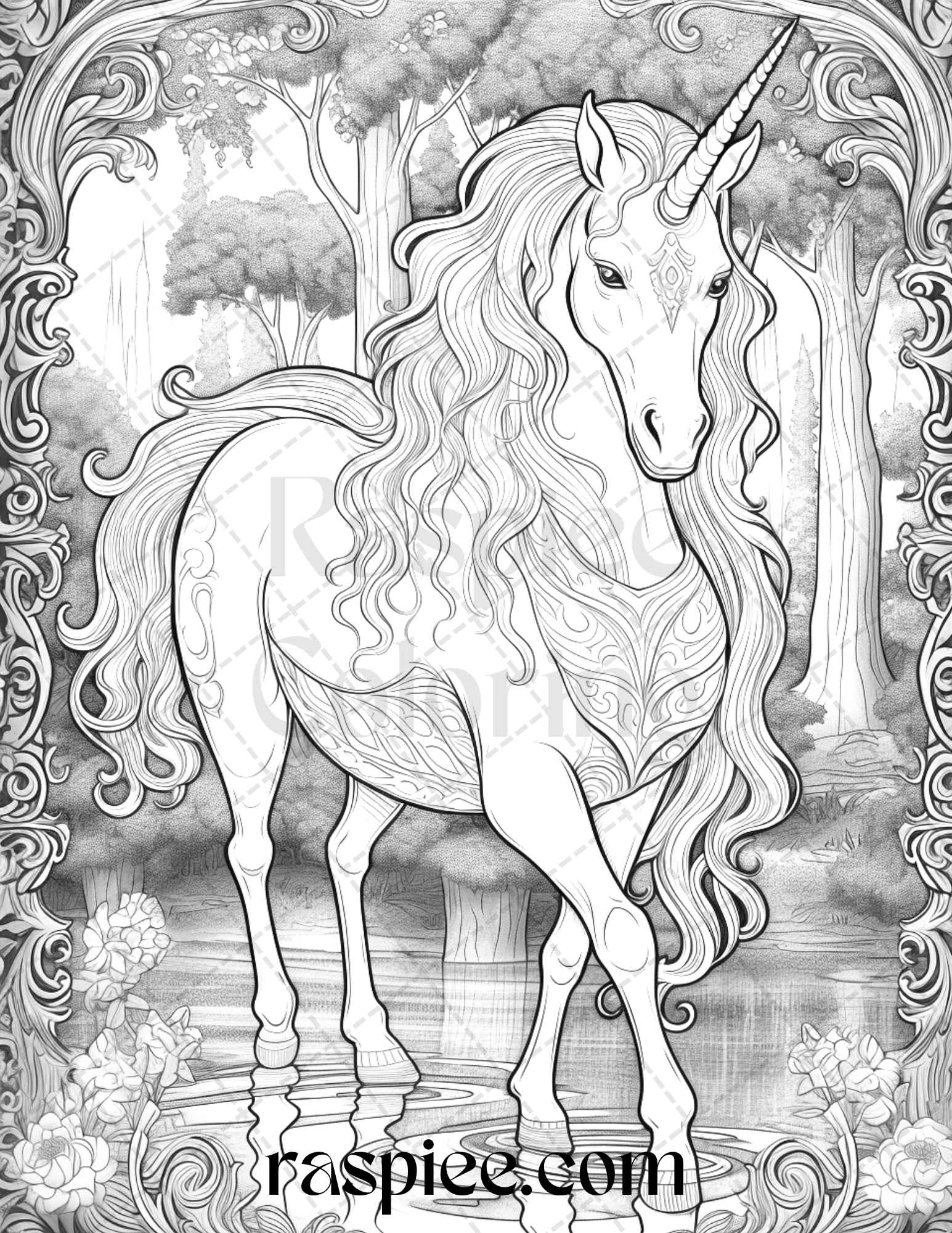 enchanted unicorns grayscale coloring pages, printable coloring pages for adults, unicorn art for coloring, grayscale coloring sheets, stress relief coloring pages