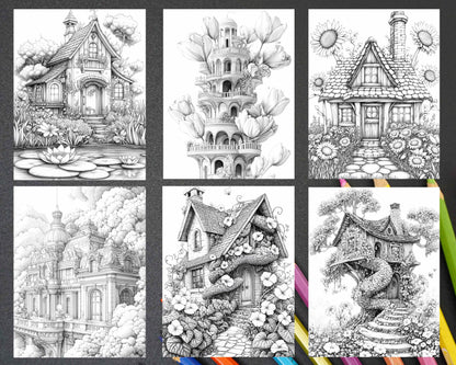 Fantasy Flower Houses Adult Coloring Pages Printable PDF Instant Download