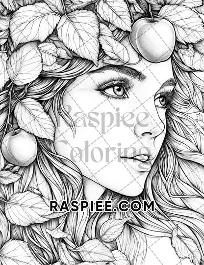 Autumn Beauties Portrait Adult Coloring Pages Printable PDF Instant Download