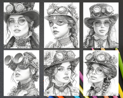 65 Gothic Steampunk Girls Grayscale Adult Coloring Pages, Printable PDF Instant Download