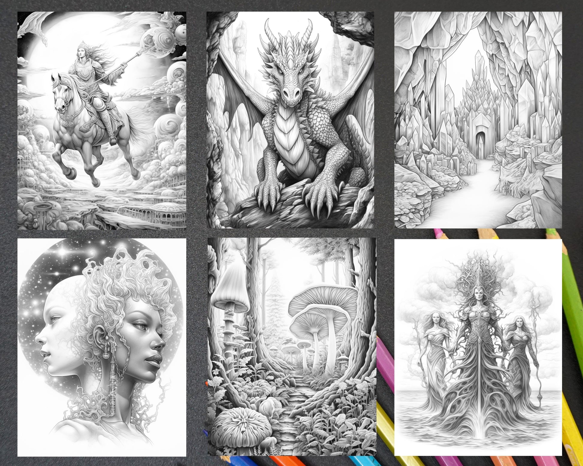Mystical World Grayscale Coloring Pages, Adult Printable Coloring Pages, Fantasy Designs Coloring Sheets, Instant Download Coloring Art, Relaxing and Mindful Coloring