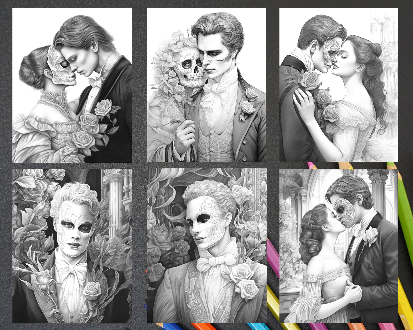 Phantom of the Opera grayscale coloring pages, portrait coloring pages for adults