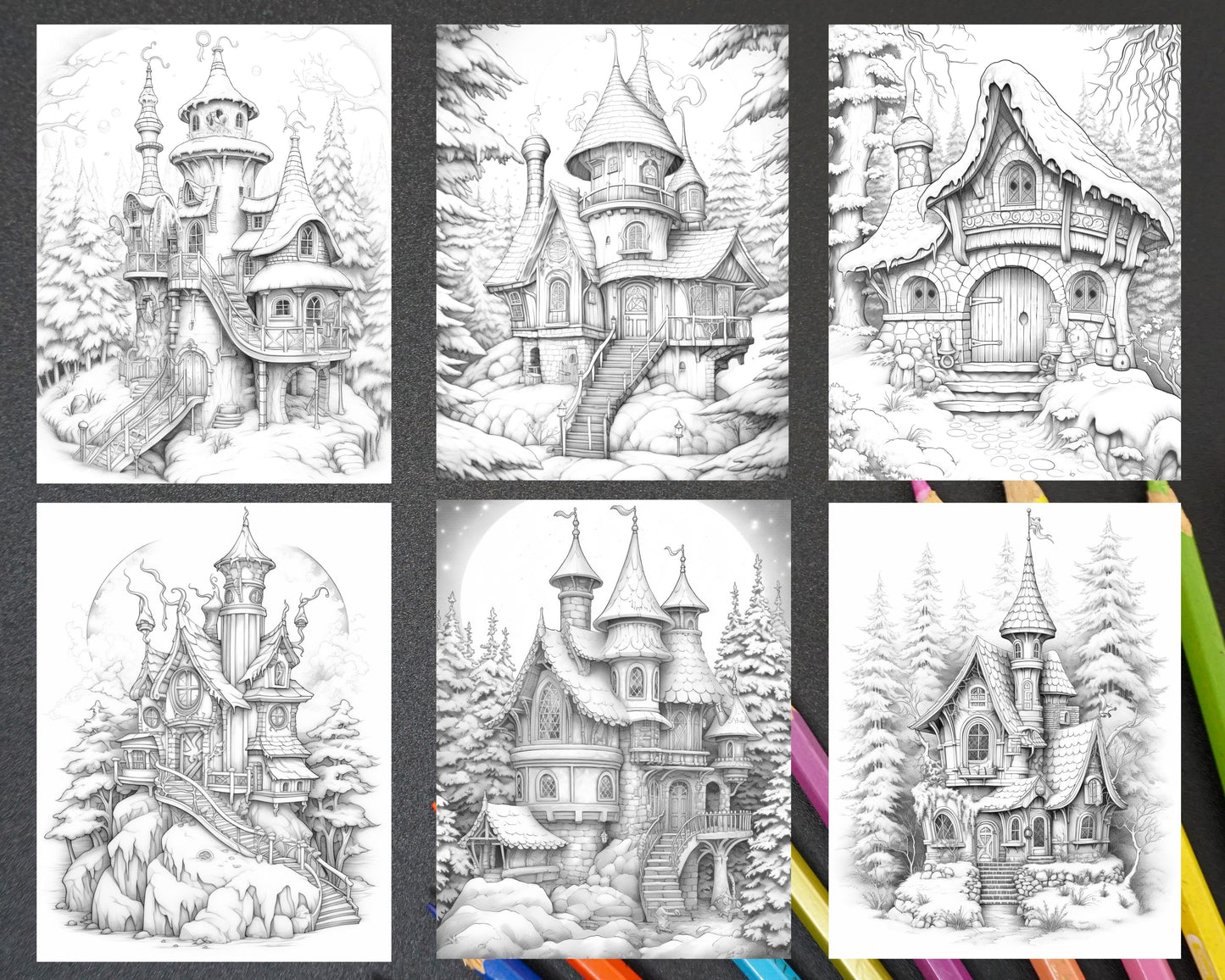 Winter Fairy Houses Grayscale Coloring Pages Printable for Adults