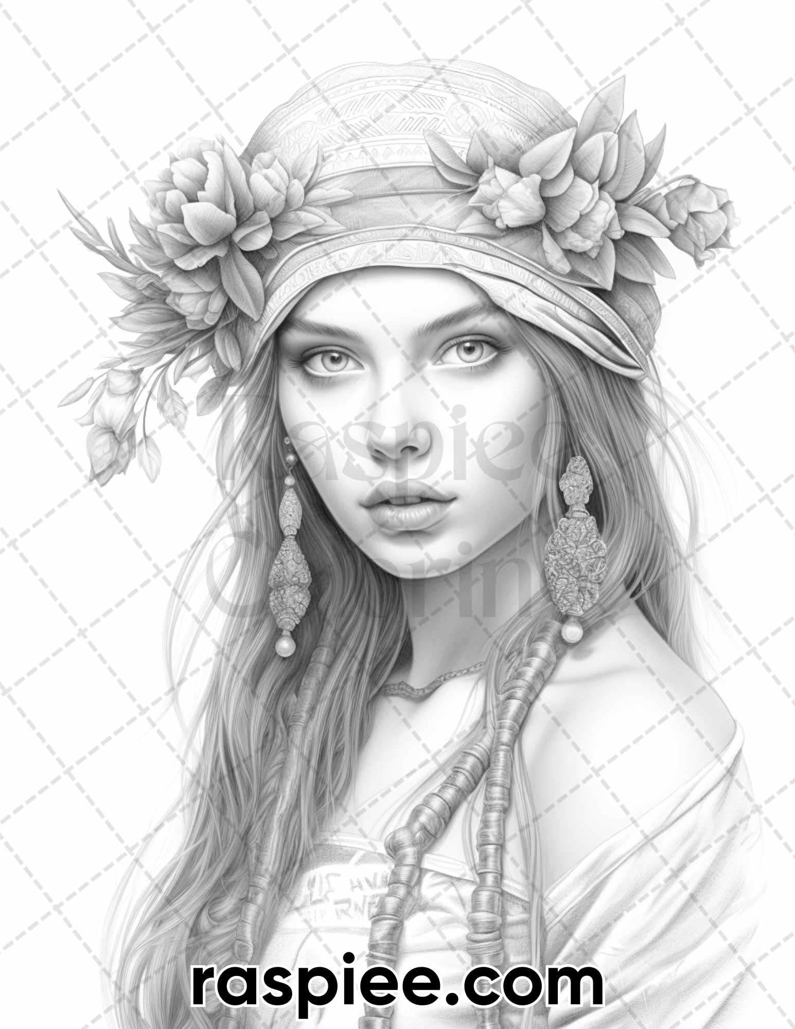 Bohemian Grayscale Coloring Page, Adult Stress-Relief Coloring, Printable Boho Art Design, Intricate DIY Coloring Sheet, Detailed Printable Artwork, Relaxation Coloring Book, Hand-Drawn Illustrations, High-Quality Coloring Image, Creative Coloring Pattern, Portrait Coloring Pages, Portrait Coloring Book Printable