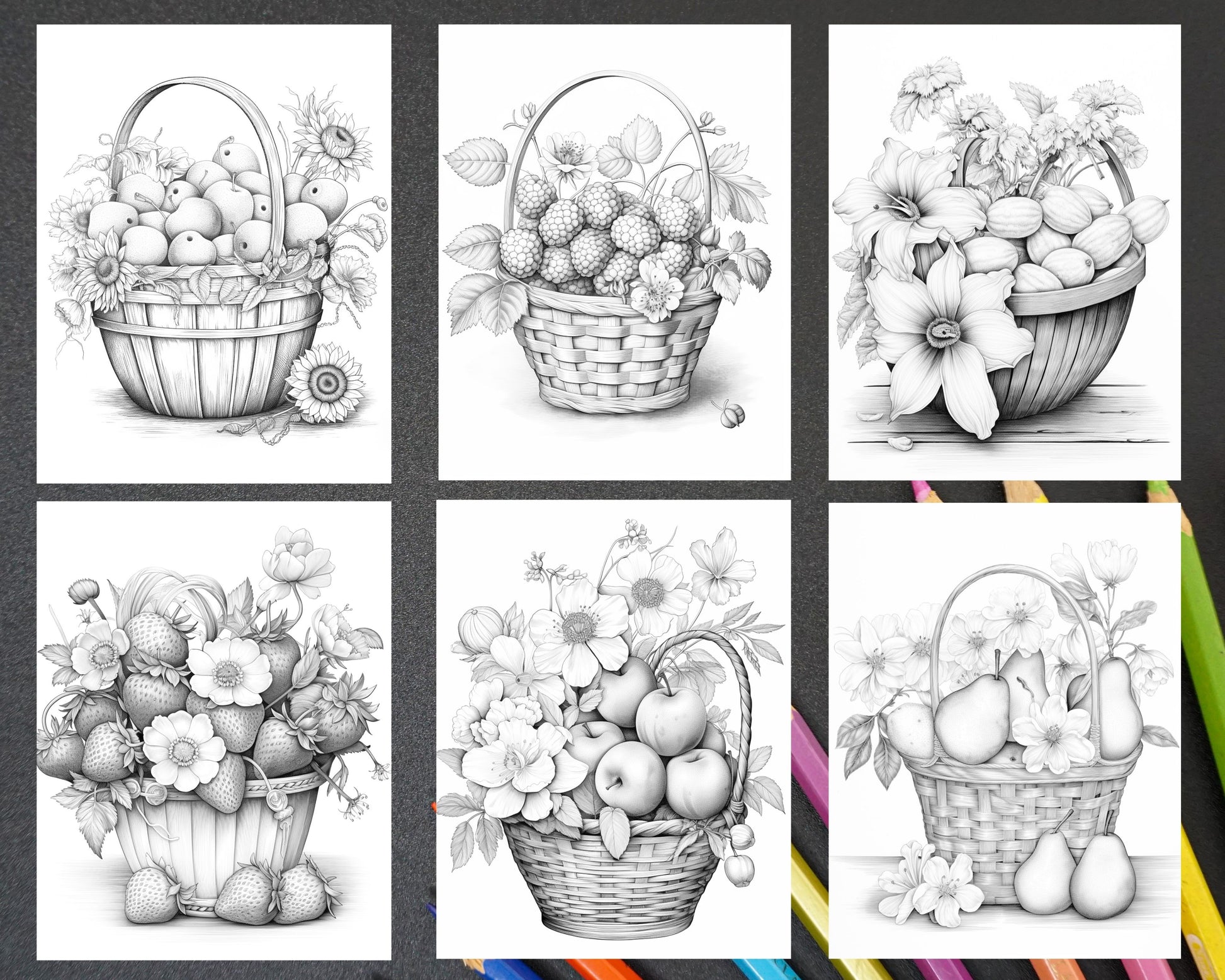 Grayscale Fruit Basket Coloring Pages, Printable Adult Coloring Sheets, Detailed Fruit Illustrations, Stress Relief Coloring Book, Instant Download Coloring Pages, Mindful Coloring Activities, DIY Coloring Fun