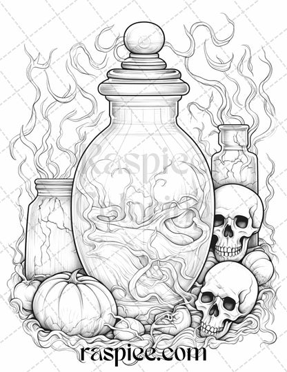 mystical magic potions grayscale coloring pages, printable coloring pages for adults, halloween coloring pages for adults, halloween theme coloring pages