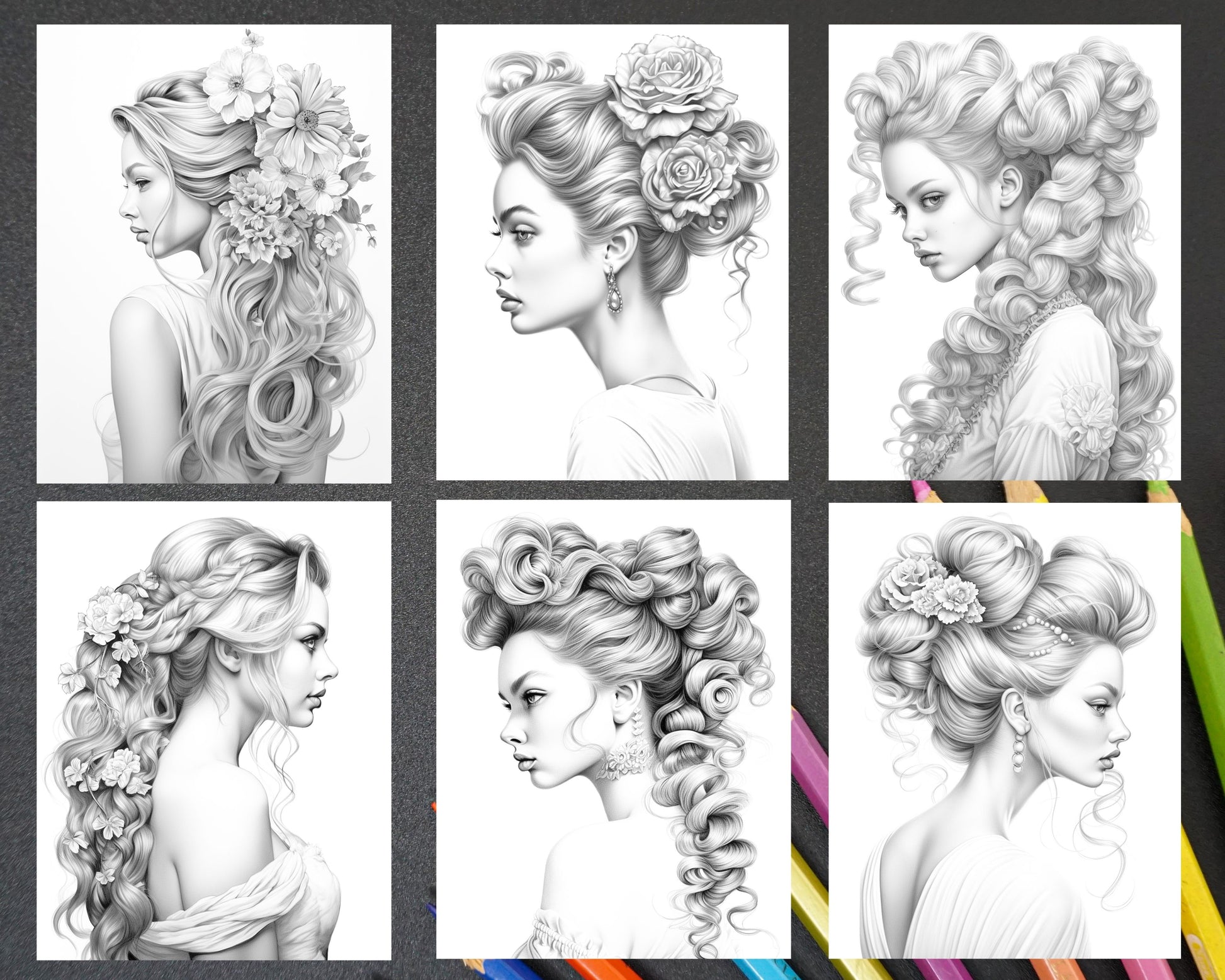 Beautiful Fantasy Women Faces Grayscale Coloring Book: 30 Beautiful Fantasy  Girls With Beautiful Hair Designs Braids and Curls Grayscale Coloring